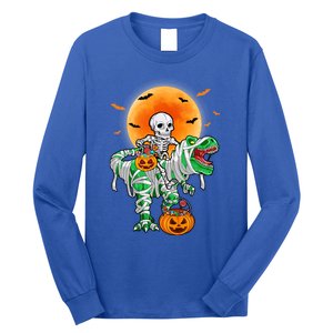 Skeleton Riding Mummy Dinosaur T Rex Halloween Funny Pumpkin Gift Long Sleeve Shirt