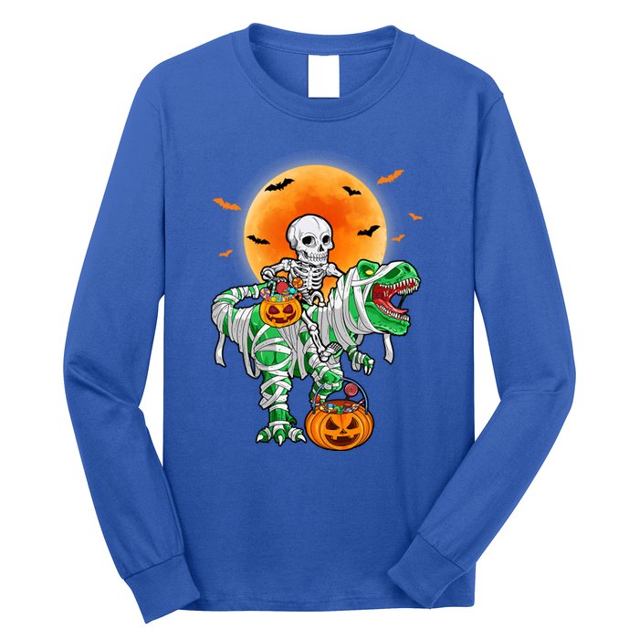 Skeleton Riding Mummy Dinosaur T Rex Halloween Funny Pumpkin Gift Long Sleeve Shirt