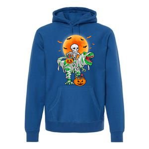 Skeleton Riding Mummy Dinosaur T Rex Halloween Funny Pumpkin Gift Premium Hoodie