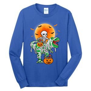 Skeleton Riding Mummy Dinosaur T Rex Halloween Funny Pumpkin Gift Tall Long Sleeve T-Shirt