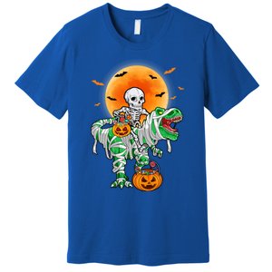 Skeleton Riding Mummy Dinosaur T Rex Halloween Funny Pumpkin Gift Premium T-Shirt