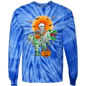 Skeleton Riding Mummy Dinosaur T Rex Halloween Funny Pumpkin Gift Tie-Dye Long Sleeve Shirt