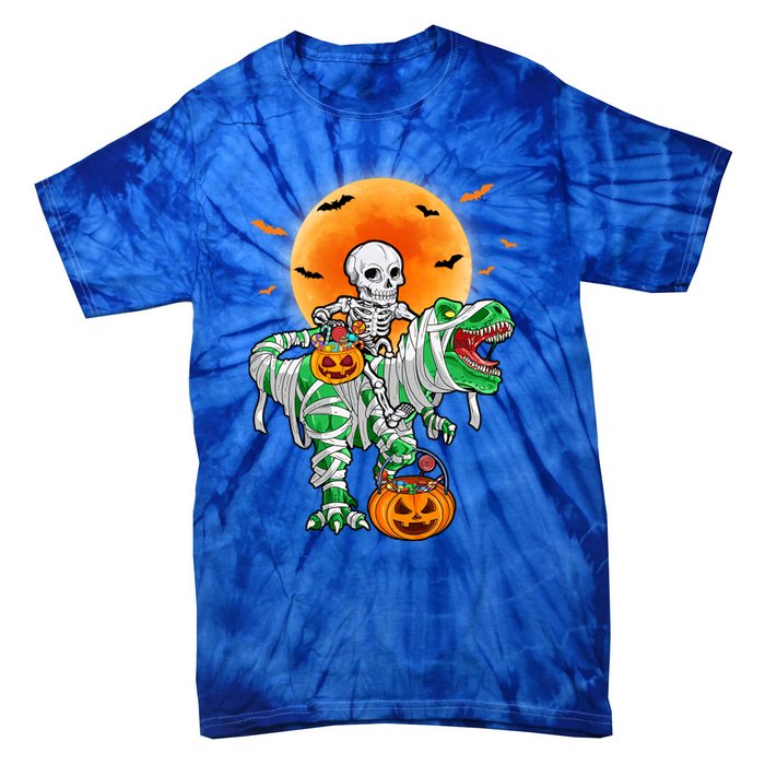 Skeleton Riding Mummy Dinosaur T Rex Halloween Funny Pumpkin Gift Tie-Dye T-Shirt