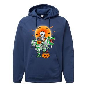 Skeleton Riding Mummy Dinosaur T Rex Halloween Funny Pumpkin Gift Performance Fleece Hoodie