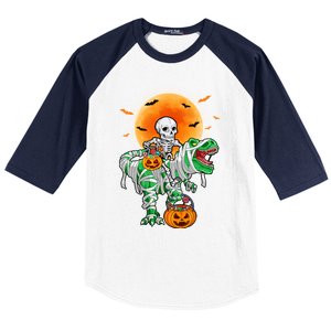 Skeleton Riding Mummy Dinosaur T Rex Halloween Funny Pumpkin Gift Baseball Sleeve Shirt