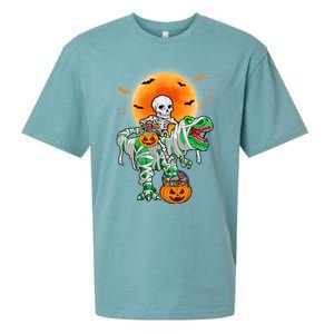 Skeleton Riding Mummy Dinosaur T Rex Halloween Funny Pumpkin Gift Sueded Cloud Jersey T-Shirt