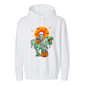 Skeleton Riding Mummy Dinosaur T Rex Halloween Funny Pumpkin Gift Garment-Dyed Fleece Hoodie