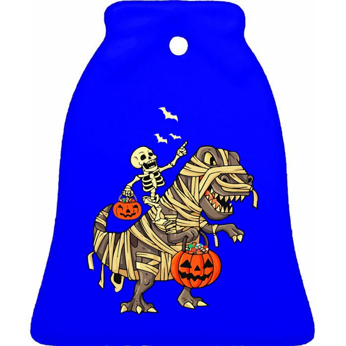 Skeleton Riding Mummy Dinosaur T Rex Halloween Funny Pumpkin Meaningful Gift Ceramic Bell Ornament