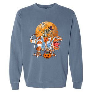 Skeleton Riding Mummy TRex Funny Halloween Dinosaur Gift Garment-Dyed Sweatshirt