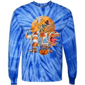 Skeleton Riding Mummy TRex Funny Halloween Dinosaur Gift Tie-Dye Long Sleeve Shirt