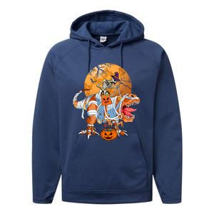 Skeleton Riding Mummy TRex Funny Halloween Dinosaur Gift Performance Fleece Hoodie