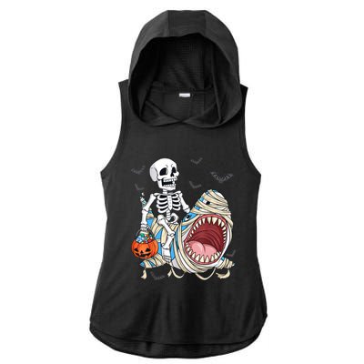 Skeleton Riding Mummy Shark Funny Halloween Pumpkin Ladies PosiCharge Tri-Blend Wicking Draft Hoodie Tank