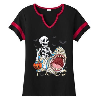 Skeleton Riding Mummy Shark Funny Halloween Pumpkin Ladies Halftime Notch Neck Tee