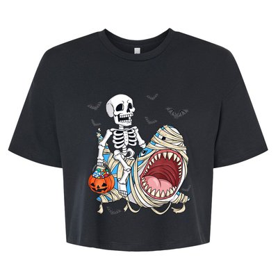 Skeleton Riding Mummy Shark Funny Halloween Pumpkin Bella+Canvas Jersey Crop Tee