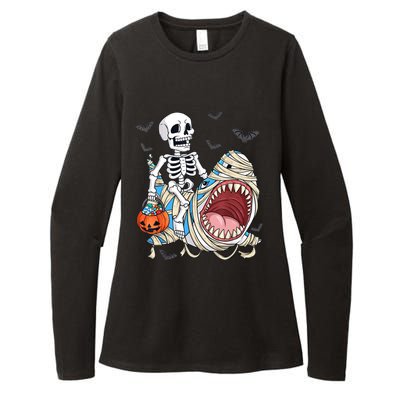 Skeleton Riding Mummy Shark Funny Halloween Pumpkin Womens CVC Long Sleeve Shirt