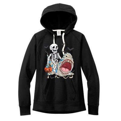 Skeleton Riding Mummy Shark Funny Halloween Pumpkin Women's Fleece Hoodie