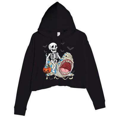 Skeleton Riding Mummy Shark Funny Halloween Pumpkin Crop Fleece Hoodie