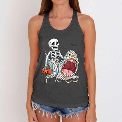 Skeleton Riding Mummy Shark Funny Halloween Pumpkin Women's Knotted Racerback Tank