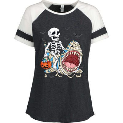 Skeleton Riding Mummy Shark Funny Halloween Pumpkin Enza Ladies Jersey Colorblock Tee