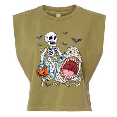 Skeleton Riding Mummy Shark Funny Halloween Pumpkin Garment-Dyed Women's Muscle Tee