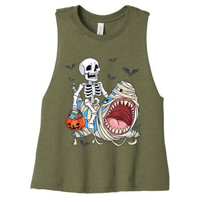 Skeleton Riding Mummy Shark Funny Halloween Pumpkin Women's Racerback Cropped Tank