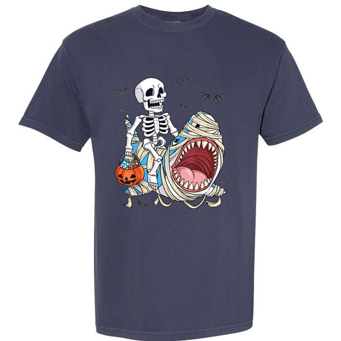 Skeleton Riding Mummy Shark Funny Halloween Pumpkin Garment-Dyed Heavyweight T-Shirt