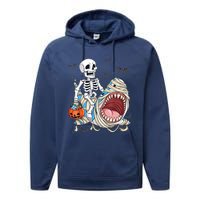 Skeleton Riding Mummy Shark Funny Halloween Pumpkin Performance Fleece Hoodie