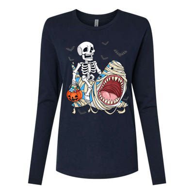 Skeleton Riding Mummy Shark Funny Halloween Pumpkin Womens Cotton Relaxed Long Sleeve T-Shirt