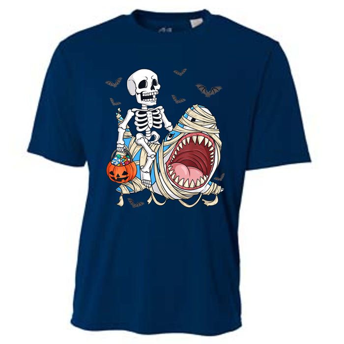 Skeleton Riding Mummy Shark Funny Halloween Pumpkin Cooling Performance Crew T-Shirt