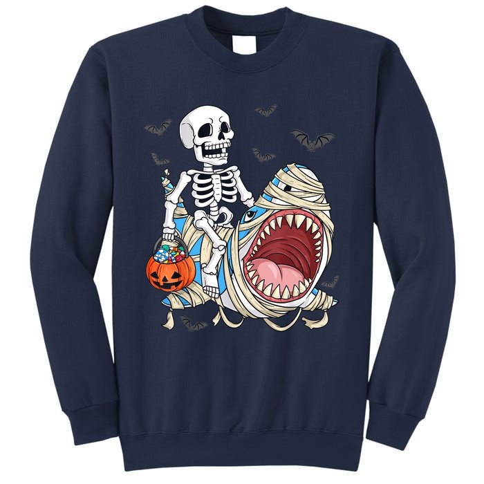 Skeleton Riding Mummy Shark Funny Halloween Pumpkin Sweatshirt