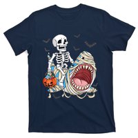 Skeleton Riding Mummy Shark Funny Halloween Pumpkin T-Shirt