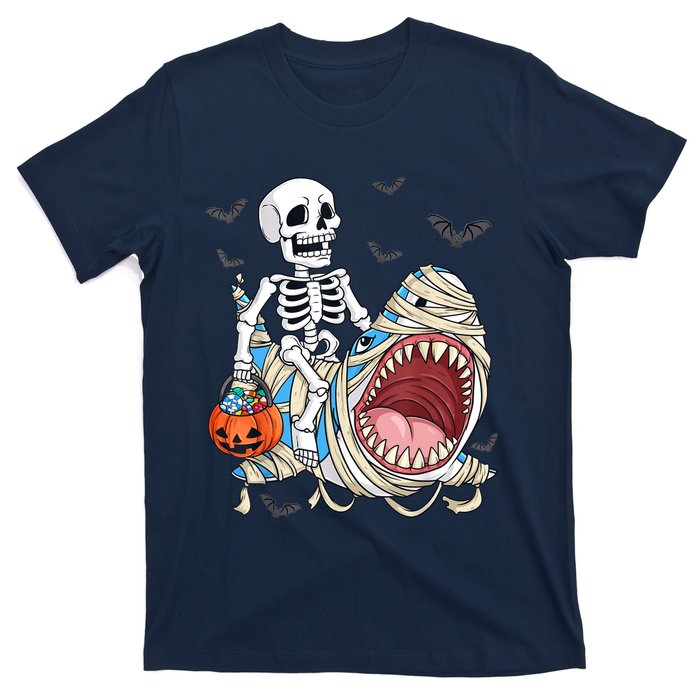 Skeleton Riding Mummy Shark Funny Halloween Pumpkin T-Shirt