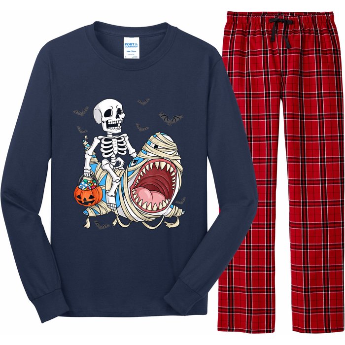 Skeleton Riding Mummy Shark Funny Halloween Pumpkin Long Sleeve Pajama Set