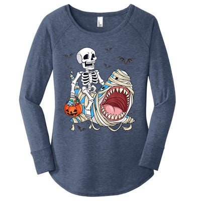 Skeleton Riding Mummy Shark Funny Halloween Pumpkin Women's Perfect Tri Tunic Long Sleeve Shirt