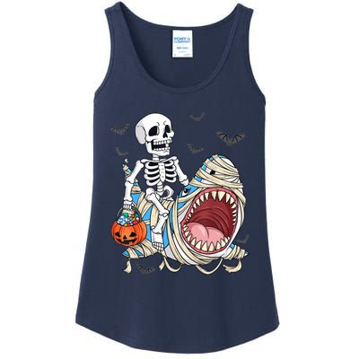 Skeleton Riding Mummy Shark Funny Halloween Pumpkin Ladies Essential Tank