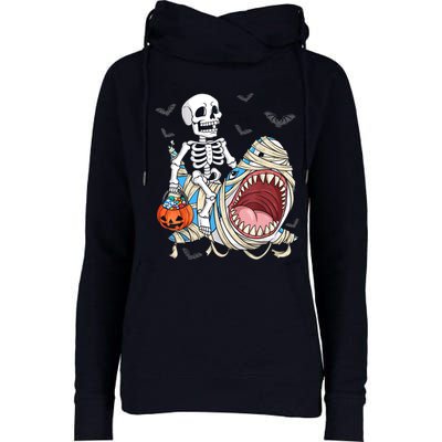 Skeleton Riding Mummy Shark Funny Halloween Pumpkin Womens Funnel Neck Pullover Hood