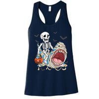 Skeleton Riding Mummy Shark Funny Halloween Pumpkin Women's Racerback Tank