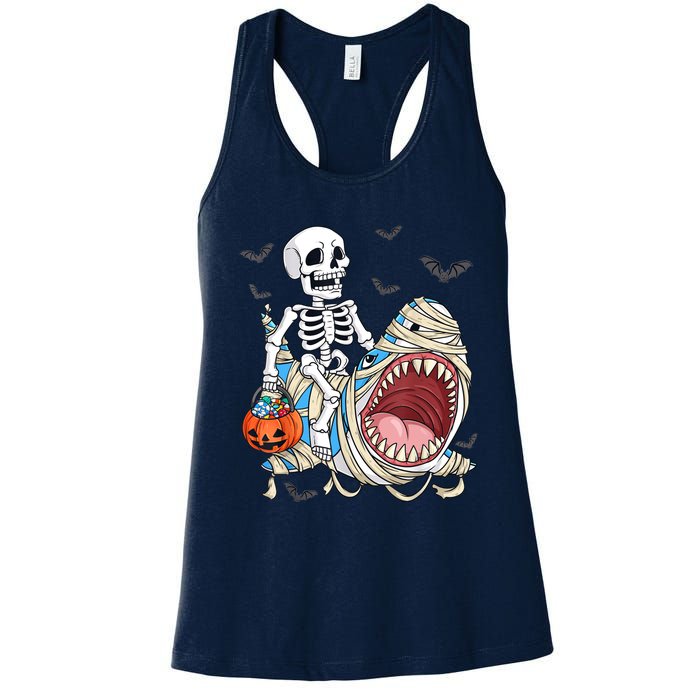 Skeleton Riding Mummy Shark Funny Halloween Pumpkin Women's Racerback Tank