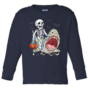 Skeleton Riding Mummy Shark Funny Halloween Pumpkin Toddler Long Sleeve Shirt