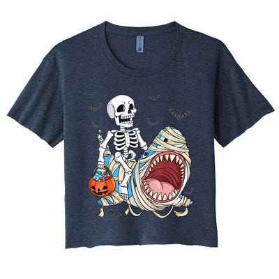 Skeleton Riding Mummy Shark Funny Halloween Pumpkin Women's Crop Top Tee