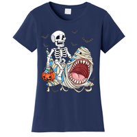 Skeleton Riding Mummy Shark Funny Halloween Pumpkin Women's T-Shirt