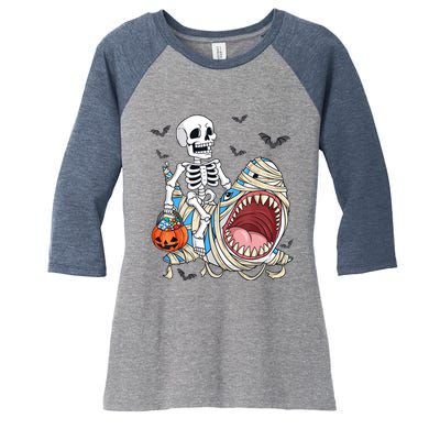 Skeleton Riding Mummy Shark Funny Halloween Pumpkin Women's Tri-Blend 3/4-Sleeve Raglan Shirt