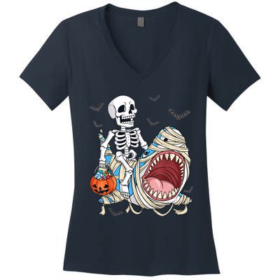 Skeleton Riding Mummy Shark Funny Halloween Pumpkin Women's V-Neck T-Shirt