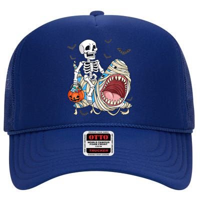 Skeleton Riding Mummy Shark Funny Halloween Pumpkin High Crown Mesh Back Trucker Hat