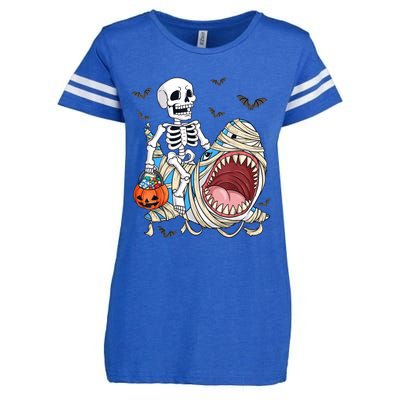 Skeleton Riding Mummy Shark Funny Halloween Pumpkin Enza Ladies Jersey Football T-Shirt