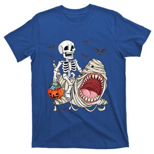 Skeleton Riding Mummy Shark Funny Halloween Pumpkin T-Shirt