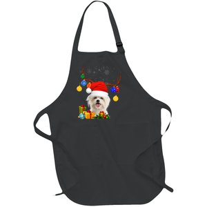 Santa Reindeer Maltese Dog Christmas Lights Xmas Full-Length Apron With Pockets