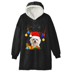 Santa Reindeer Maltese Dog Christmas Lights Xmas Hooded Wearable Blanket