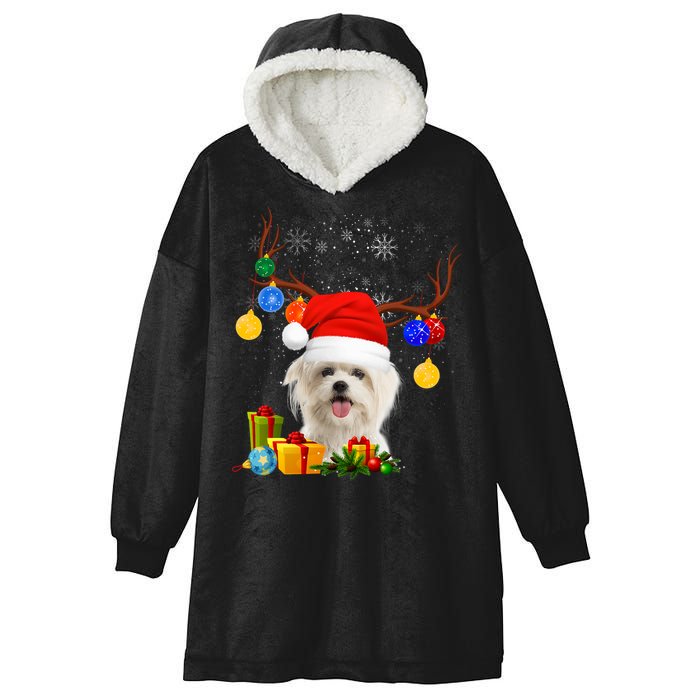 Santa Reindeer Maltese Dog Christmas Lights Xmas Hooded Wearable Blanket