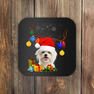 Santa Reindeer Maltese Dog Christmas Lights Xmas Coaster